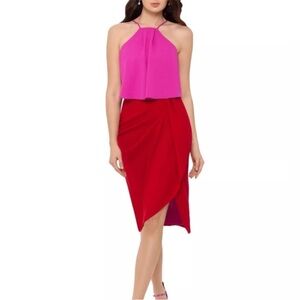 Betsy & Adam Vibrant Pink and Red Faux Wrap Dress w/ Halter Neckline - Size 12
